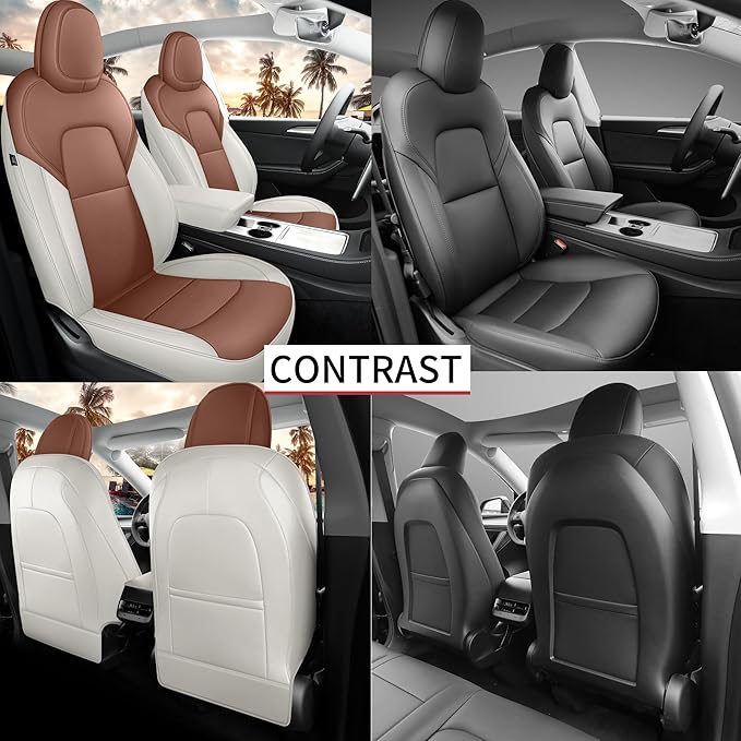 for Tesla Model Y Seat Covers 2020-2024 Nappa Leather Car Interior Seat Compatible with Airbag Cushion Cover 5 Seats (TY-Brown&Beige)