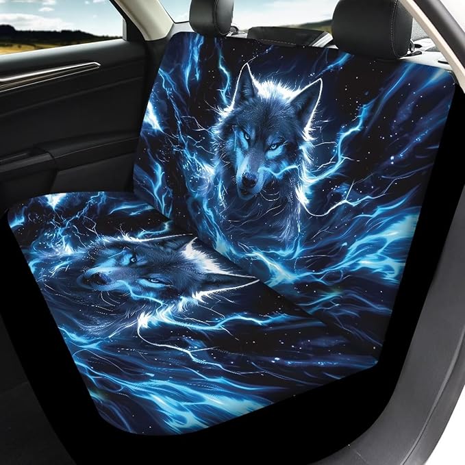 KEIAHUAN Blue Wolf Print Car Seat Covers for Men Automotive Front and Rear Split Bench Seat Cover Set Washable Breathable Universal Fits Most Vehicle Truck,SUV