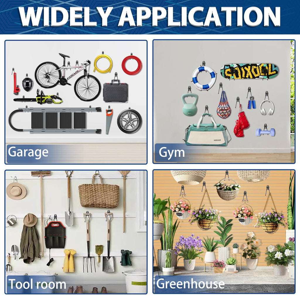 3-H Garage Wall Hooks 14 Pack, Garage Hooks Heavy Duty with Extra Welding Spots, Wall Mount Storage Organizer for Hanging Garden Lawn Tools Ladder Bike WeedEater Chair Shovel Blower (Grey)