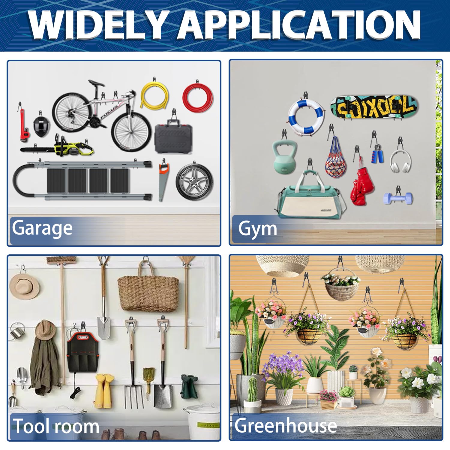 3-H Garage Wall Hooks 14 Pack, Garage Hooks Heavy Duty with Extra Welding Spots, Wall Mount Storage Organizer for Hanging Garden Lawn Tools Ladder Bike WeedEater Chair Shovel Blower (Grey)