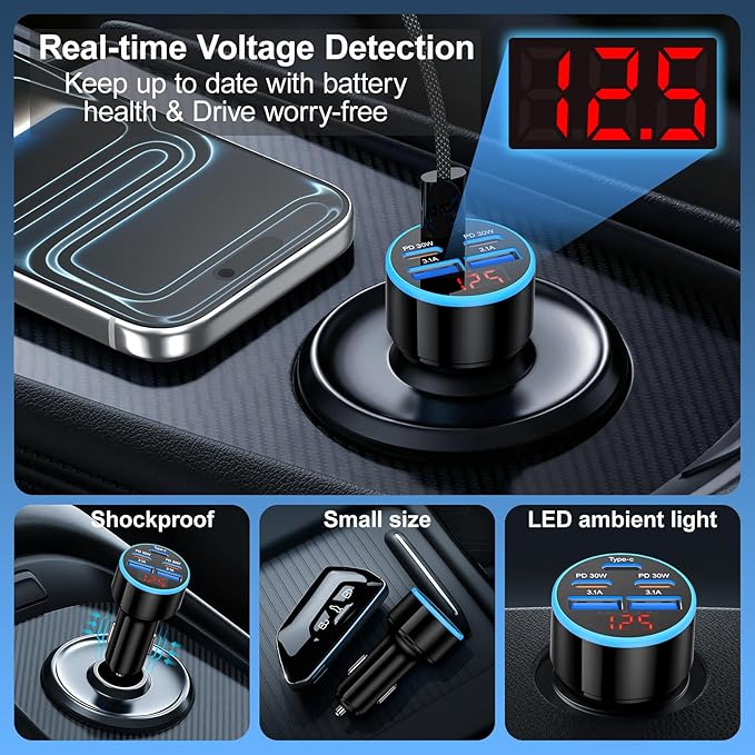 90W USB C Fast Car Charger, 2-Pack 5 Port USB C Car Phone Charger with Voltage Display, Dual PD 30W Multi Port Cigarette Lighter USB Charger for iPhone 17/Air/16/15 Pro Max,Galaxy S25/S24,iPad