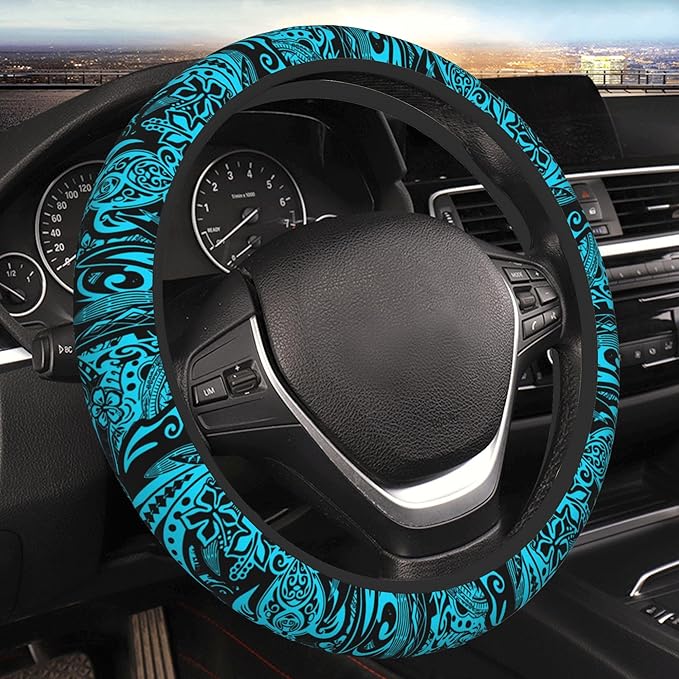 Hawaiian Polynesian Teal Tribal Car Steering Wheel Cover for Women Men 14-15 Inch Stretch Cloth Anti-Slip Wrap Protector Case Fit Universal Auto Accessories Decor Sweat Absorption