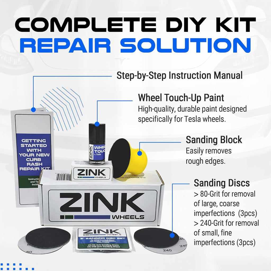 Premium Tesla Wheel Curb Rash Repair Kit for Model S 21-inch Sonic Carbon Twin Turbine Rims - DIY Kit with Color-matched Touch Up Paint - Made in USA