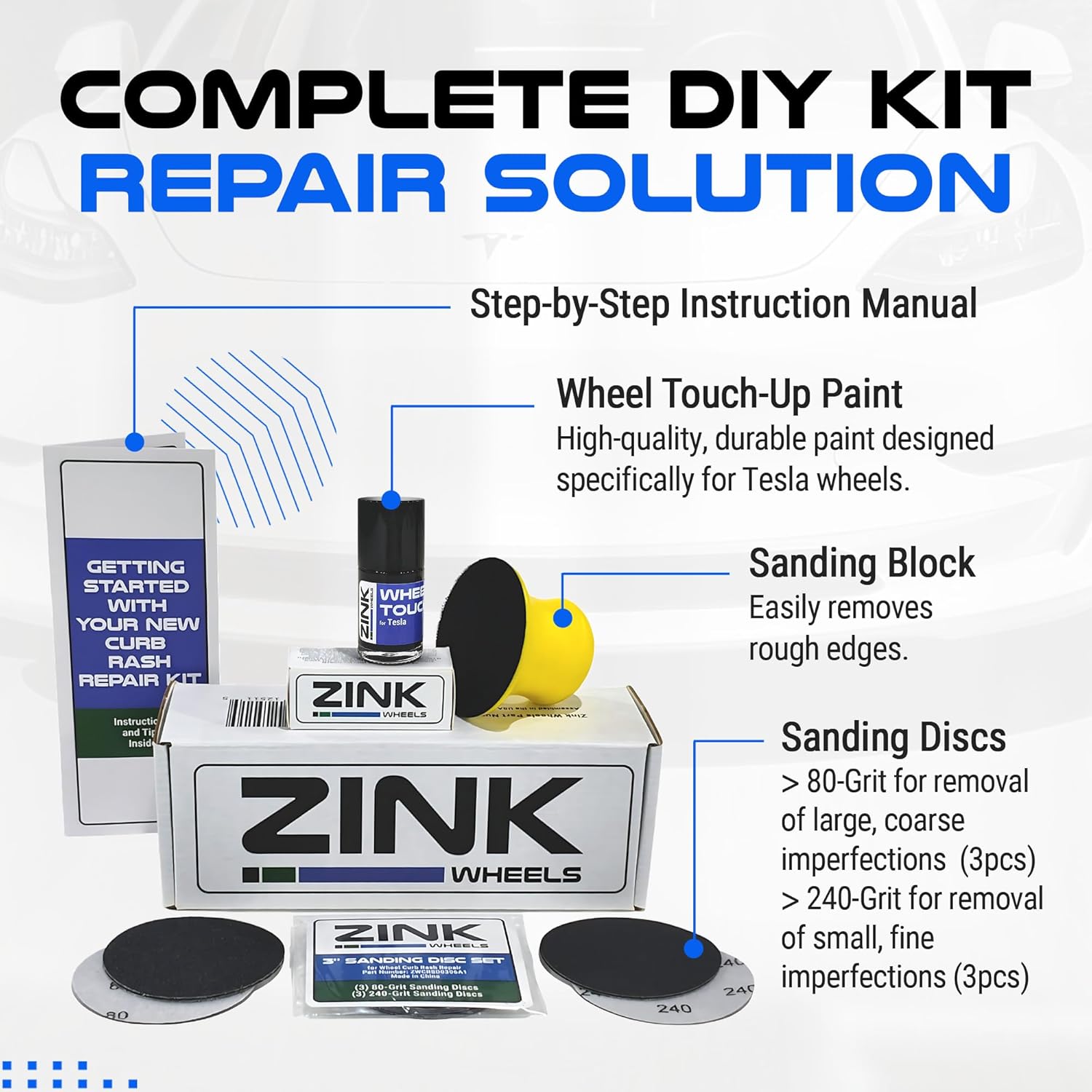 Premium Tesla Wheel Curb Rash Repair Kit for Model S 21-inch Sonic Carbon Twin Turbine Rims - DIY Kit with Color-matched Touch Up Paint - Made in USA
