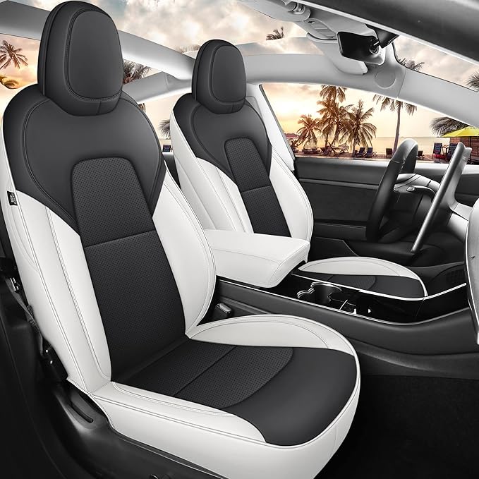 Car Seat Cover for Tesla Mdel 3 2017-2023 Custom Fit Tesla Seat Cover Full Set Leather Car Interior Seat Airbag Compatible Cushion Cover (White+Black-Model 3)
