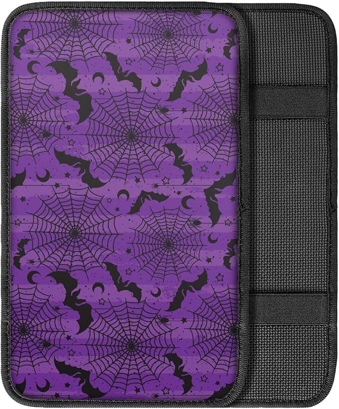 Dreaweet Center Console Cover Purple Arm Rest Cover Pad Halloween Car Accessories Decor Universal Anti-Scratch Car Armrest Storage Box Mat Easy to Install,Spider Web Bat