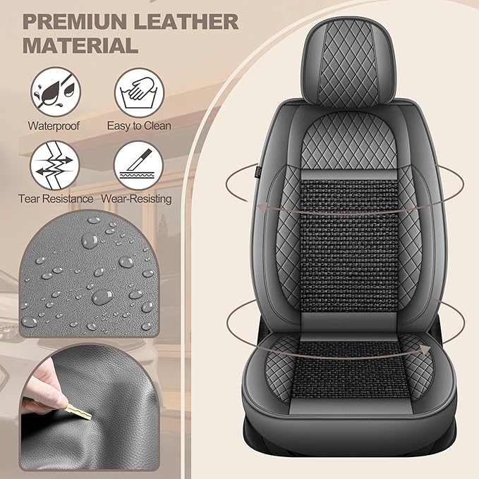 TTX LIGHTING for VW Taos 2022-2026 Car Seat Covers, Breathable Ice Silk & Leather Seat Protector, Cool & Anti-Sweat for Long Driving, Airbag Compatible, 2 Front Seats (Black&Gray)