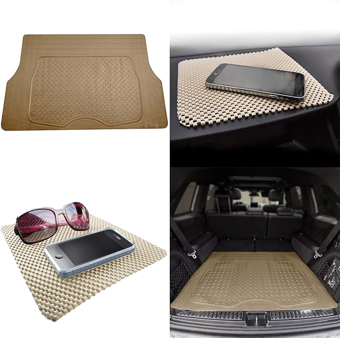 TLH Premium Trimmable Beige Cargo Mat Car Trunk Liner Universal Fit Set w/Beige Dash Pad, Trimmable Automotive Floor Mats, Climaproof™ Floor Mats for Most Sedan, Cars, SUV, Truck Floor Mats.