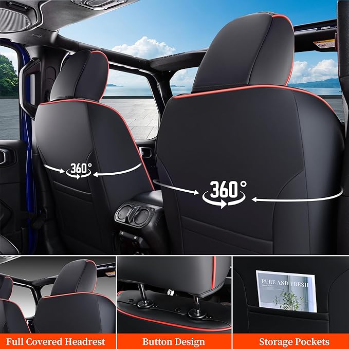 Coverado Seat Covers for Jeep Wrangler, Waterproof Leather Seat Covers Accessories Custom Fit JL 2/4 Door Car Seat Cover Protector Cushion Full Coverage Unlimited X Rubicon Sahara 2018-2024 (Red Line)