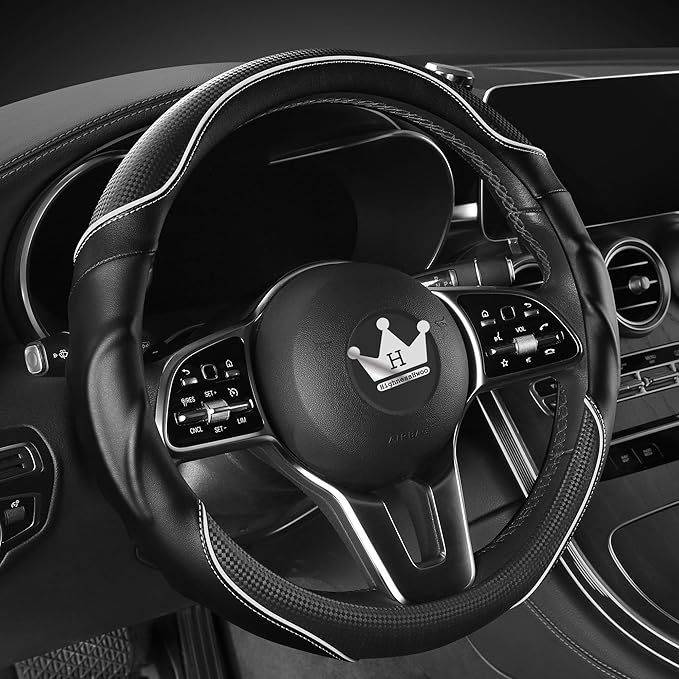 3D Car Steering Wheel Cover Comfort Grip Massage Sporty Anti-Slip Carbon Fiber Faux Leather for F150, Trucks, Jeep, Van, Car Handle Covers for All Seasons, 15.2-16in, White