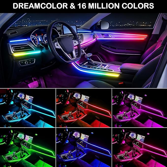 Interior Car LED Strip Lights,Acrylic LED Lights for Car with Dynamic Dreamcolor Chasing,57in USB 2 in 1 RGB Neon Strip Fiber Optic LED Ambient Lighting Kits with Remote APP,for Inside car Decorations