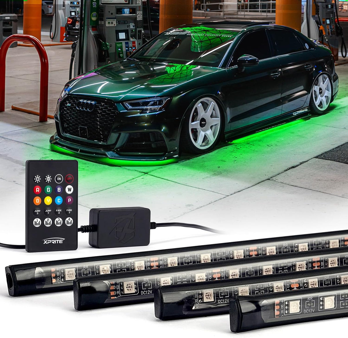 Xprite Car Underglow Neon Accent Strip Lights, 4 Pcs RGB 252 LEDs Underglow Kit with Sound Active Function Music Mode & Wireless Remote, Exterior Car Lights Underbody Lighting for Truck SUV Van