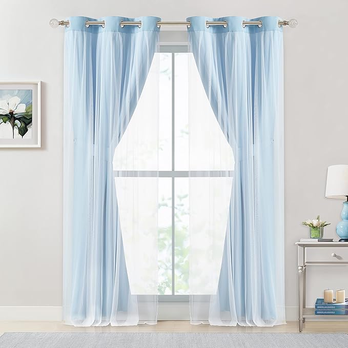 Bujasso Sky Blue 80% Blackout Curtains with Sheer Overlay Mix and Match Double Layer Thermal Insulated Window Panels 63 inch for Living Room Bedroom Blue Drapes with Tiebacks Grommet Top 37" Wx63 Lx2