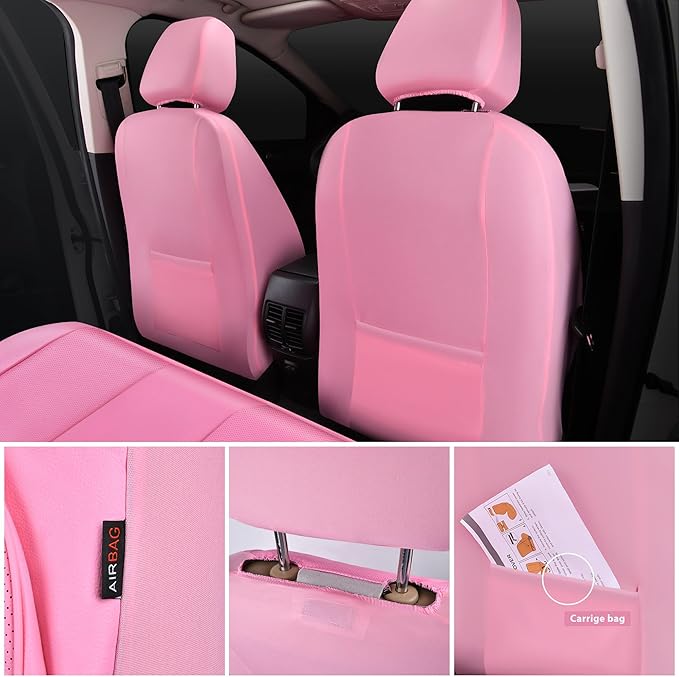 CAR PASS Pink Leather Seat Covers Full Set Universal Water Resistant 3D Foam Back Support, Luxury Comfort Automotive 5 Seat Covers for Women All Season Fit SUV,Sedan,Van, Airbag Compatible Pink