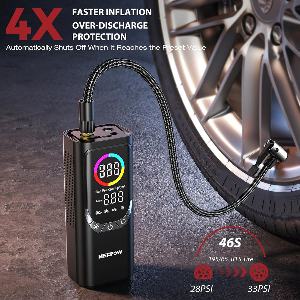 NEXPOW NP17 Portable Air Compressor, 150 PSI Digital Tire Inflator, Fast Inflation with Auto Shut-Off, LED Light, Multiple Nozzles for Car, Bike, and Ball, Compact Design, Grey