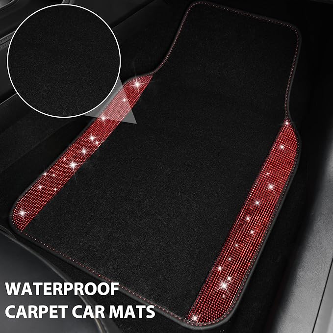 CAR PASS Bling Diamond Car Floor Mats, Shining Rhinestone Carpet Sparkly Glitter Crystal with Anti-Slip PVC Heel Pad Waterproof Universal Fit Automotive SUV,Sedan,Van,Cute Girl Women,4pcs Black Red