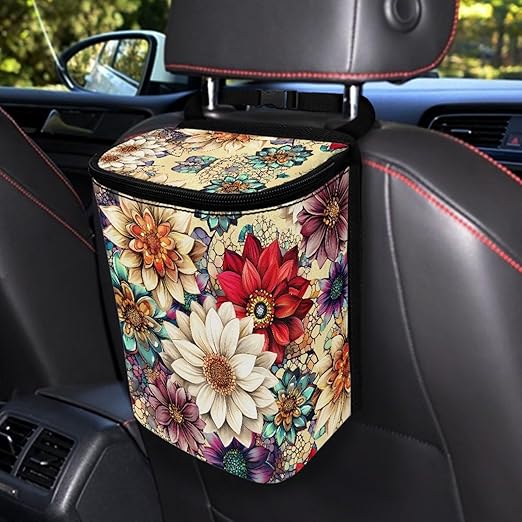 BIGCARJOB Hippie Lotus Car Trash Can Bin for Car Back Seat Leak Proof Car Trash Bag Hanging,Vehicle Trash Can for SUV Truck Van,Car Garbage Cans for Front Seat