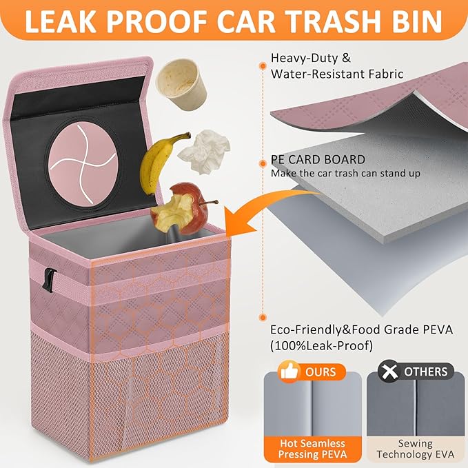 Vankor Car Trash Can Cute Trash Bag Bin Hanging Waterproof Automotive Garbage Cans Leak Proof Vehicle Trash Can Diamond Pattern-Pink