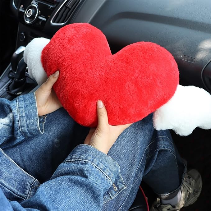 2 Pack Heart Shaped Cute Car Headrest Pillow with Angel Wings - Comfortable Soft Head Rest Cushion Kawaii Car Accessories Neck Pillow for Driving Travelling Office Home Decor - Red Love Heart