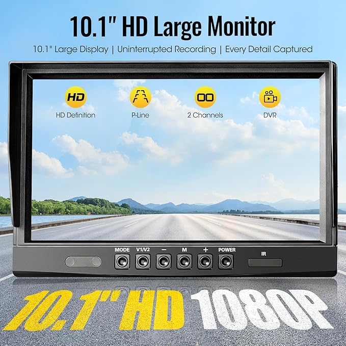 10.1" 2-Wired Backup Camera System, DVR Dual Screen Rear View Camera, IP69 Waterproof IR Night Vision, 20G Vibration-Proof for Trailer/Tractor/Truck/Combine/Skid Steer/Heavy Equipment/UTV, Y3