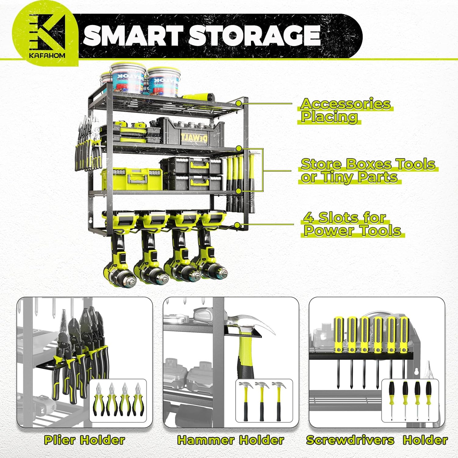 KAFAHOM Power Tool Organizer, Garage Tool Organizers and Storage,Drill Holder Wall Mount, Storage Rack for Cordless Drill, Heavy Duty Tool shelf with Screwdriver Holder/Pliers Holder/Hammer Holder