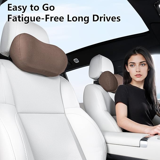 Car Neck Pillow Ergonomic Design Memory Foam Softness Car Headrest Pillow for Neck Support Cushion for Driving, Universal Fit Head Rest Travel Pillow, Fits All Vehicles, Brown, 2 Pack