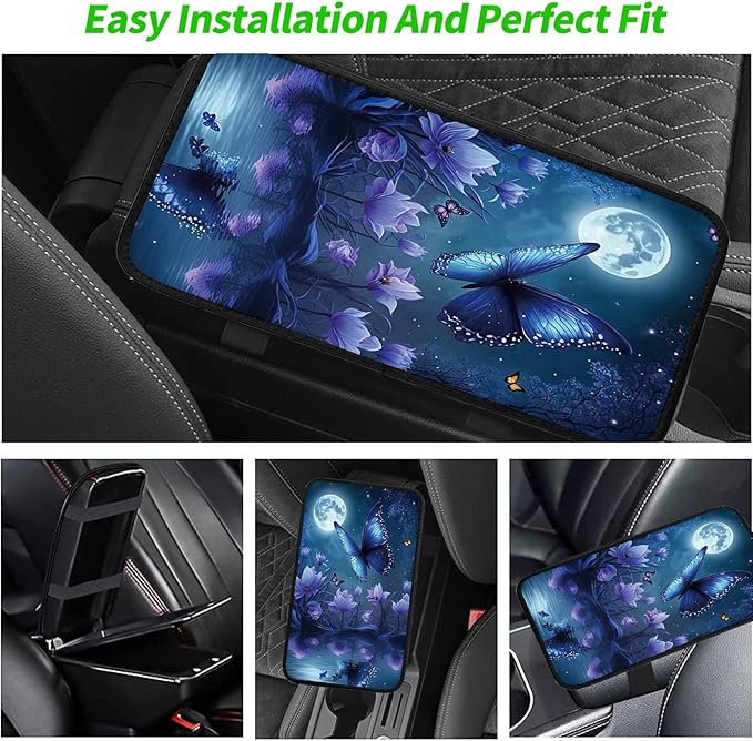 Car Armrest Cover Pads Universal Fashion Cute Auto Center Console Armrest Cover Pad with 2PCS Car Coasters Soft Waterproof Car Armrest Seat Protector for Women Girls, Blue Butterfly