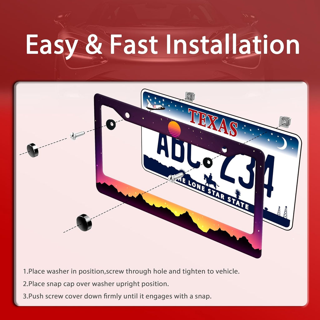 Mountain Sunset License Plate Frame Funny Mountains License Plate Frames Stainless Steel Accessories Cars Decor with 2 Holes and Screws Fits Standard Us Ca Vehicles License Plate Holder 12.2 X 6 Inch