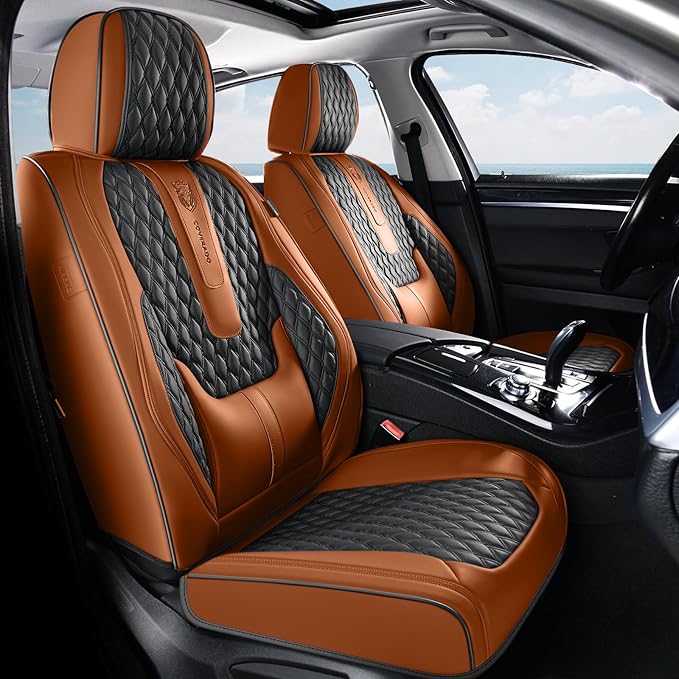 Coverado Front Seat Covers, Car Seat Covers Front Seats, Nappa Leather Seat Covers for Cars, Waterproof Seat Covers with Lumbar Support Universal Fit for Most Cars SUV Trucks (Front, Brown-Black)