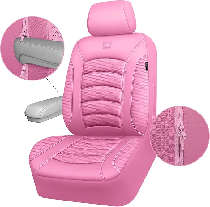 CAR PASS 3D Foam PU Leather Pink Car Seat Covers, Universal Seat Covers Front 2 for Trucks SUV Sedan Automotive Seat Covers Armrest Airbag Compatible Waterproof Comfortable Faux Nappa Leather All Pink
