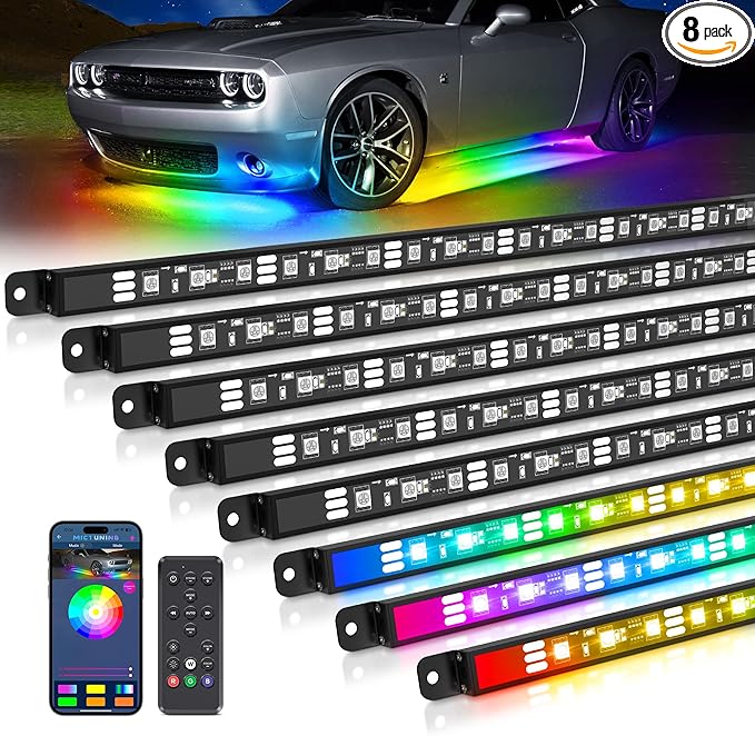 MICTUNING N8 Car Underglow Light Bar Kit, Chasing Color RGB+IC LED, Aluminum Exterior Underbody Multicolor Soundsync Neon Light Strip, Wireless App & Remote Control, IP68 Waterproof, 8PCS