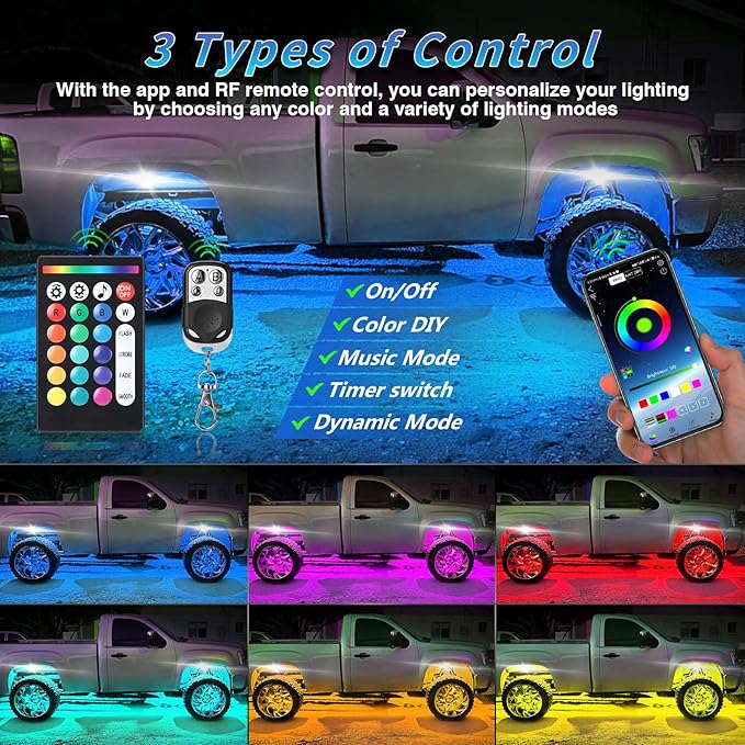 4Pods RGB LED Rock Lights Kit with APP/RF Remote Control, Car Underglow Lights with Brake Music Mode Multicolor Neon Underbody Lights Waterproof 12V for Trucks Pickup Jeep Golf Cart SXS ATV