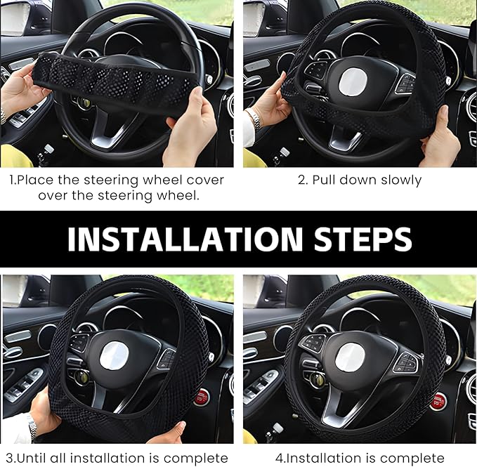 Elastic Stretch Car Steering Wheel Cover, Comfortable Steering Wheel Cover Universal for 14.5-15 Inch, Warm in Winter & Cool in Summer, Anti-Slip Breathable Ice Silk (Rose Red)