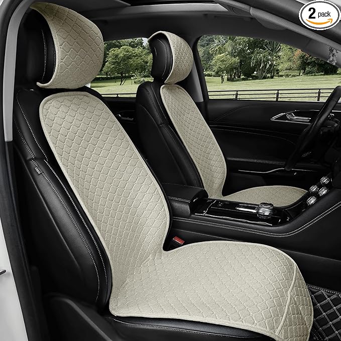 Linen Car Seat Covers for Cars, Front Car Seat Cover Protectors with Storage Bags, Anti-Slip & Soft Automotive Seat Cushion Universal Fit for Most Sedan, SUVs, Vehicles (Beige)