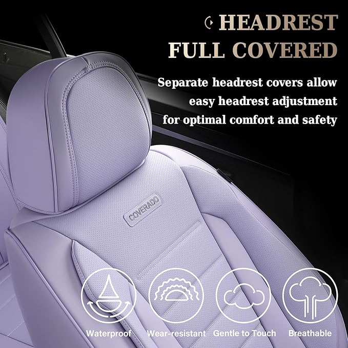 Coverado Car Seat Covers Full Set, Nappa Leather Seat Covers for Cars, Car Seat Protector Car Seat Cushion, Front and Back Seat Protectors Cushions Universal Fit for Most Cars Vehicles(Purple)