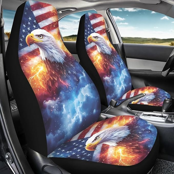 ELEQIN 2 Packs Car Front Seat Cover Car Seat Protector, Nonslip Seat Cover for Cars, Trucks & SUVs Car Interior Decor, Lighting Eagle US Flag Print