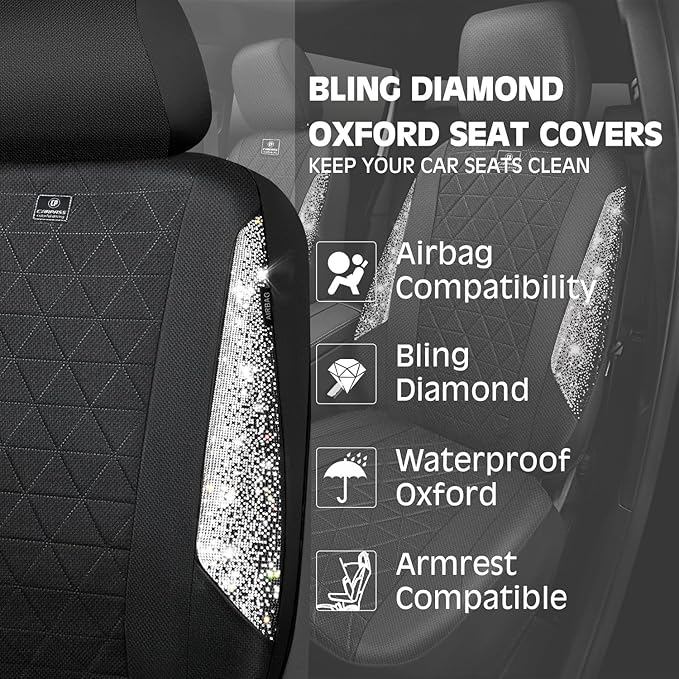 CAR PASS Oxford Bling Diamond Car Seat Covers Full Set Interior Sets, Waterproof Shining Glitter Sparkly Crystal Universal Armrest Fit 95% Automotive Truck SUV Cute Women Girl, Black Silver Rhinestone