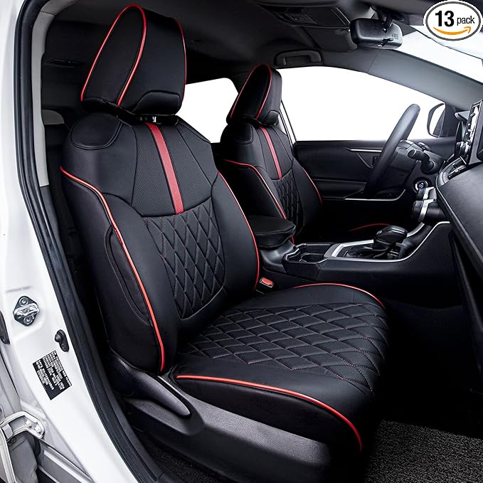 HKZ Fit RAV4 Car Seat Covers Set for 2019 2020 2021 2022 2023 2024 2025 Toyota RAV4 LE,XLE,XLE Premium,Limited - 5 Seats Full Set Leather(Black+Red)