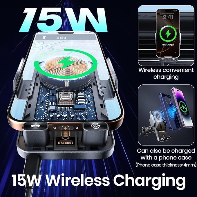 Car Phone Holder with 15W Wireless Car Charger, Car Vent Mount with Induction Opening and Closing, Air Vent Phone Stand with Horizontal and Vertical Screen Rotation Adjustment for iPhone -Sliver