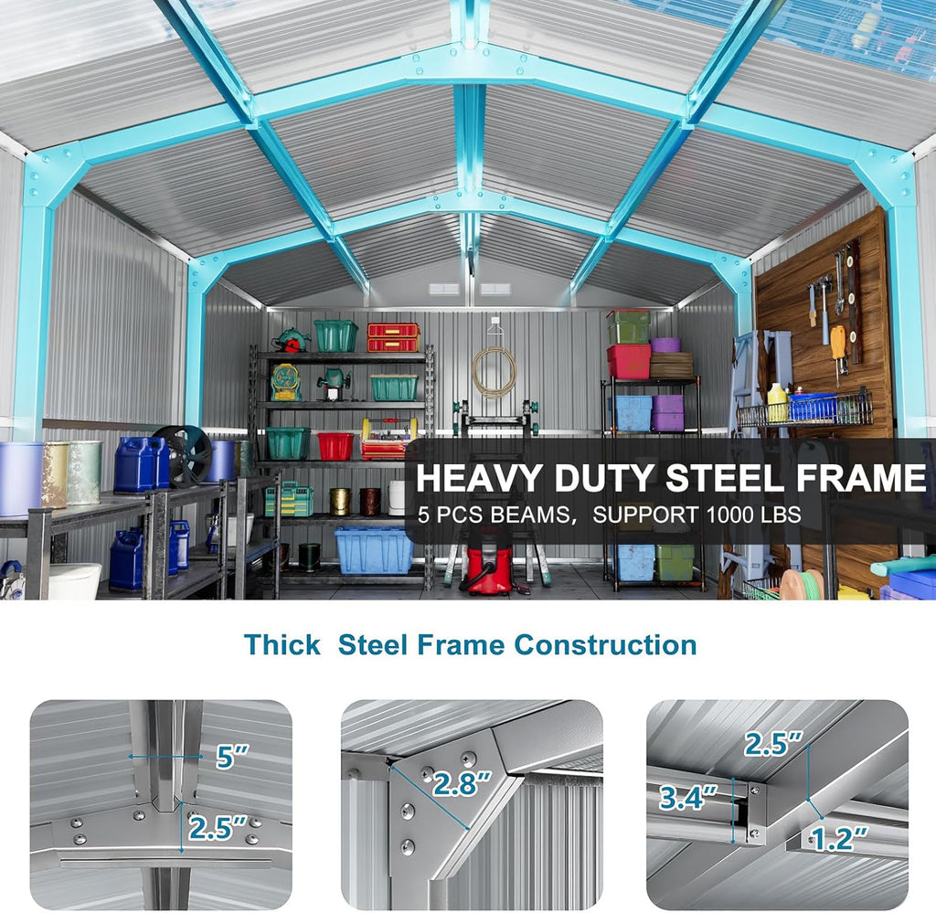 10x16 FT Metal Outdoor Shed Extra Large Waterproof Tools Storage House with Skyview Windows Air Vent Reinforced Frame for Outside Garden Backyard to Store Bikes,Lawnmower,Garage,Dark Grey