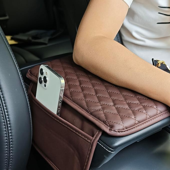 Car Center Console Cover,Microfiber Leather Car Armrest Cover Cushion with Storage Bags, Universal Car Armrest Storage Box Car Interior Accessories for Most Vehicles, Dark Brown