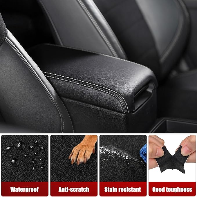 KBH Center Console Armrest Cover Upholstery for Toyota Camry 2012-2017, Vinyl Leather, Middle Console Replacment Covering, Black-Gray Stitch (Leather Part Only)