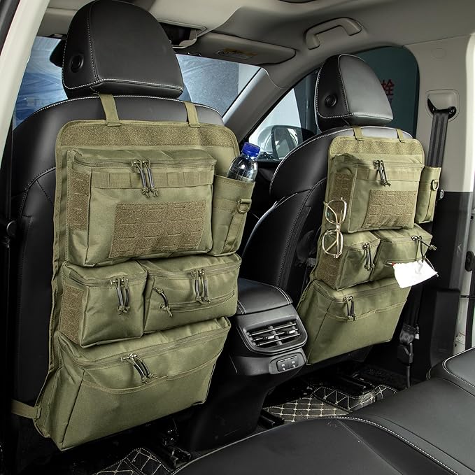 6 Pack Tactical Molle Car Seat Back Organizer - Tactical Vehicle Panel Organizer with 5 Detachable Molle Pouch,US Flag Patch and Keychain,Great Trunk Accessories for Man