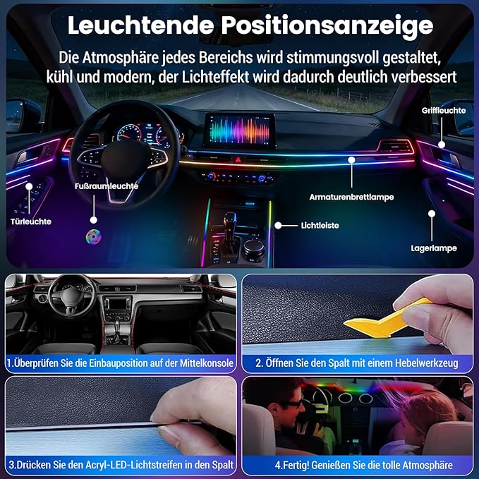 Car Interior Lighting, 22-in-1 HMYC 128 Colorful LED Acrylic Fiber Optic Strips, Universal Decorative Ambient Lighting with Music-synced Rhythm, app Control, RGB neon Lighting for All Cars