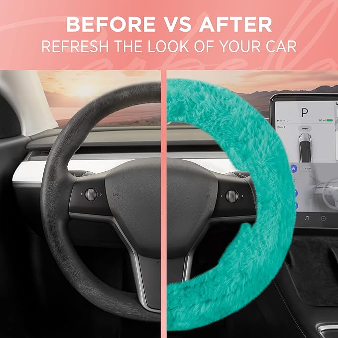 Carbella Aspen Mint Fuzzy Steering Wheel Cover for Women – Cute and Stylish Fluffy Fur Steering Wheel Cover for Cars Trucks Vans SUVs, Universal Fit for Wheel Sizes 14.5 to 15.5 inches