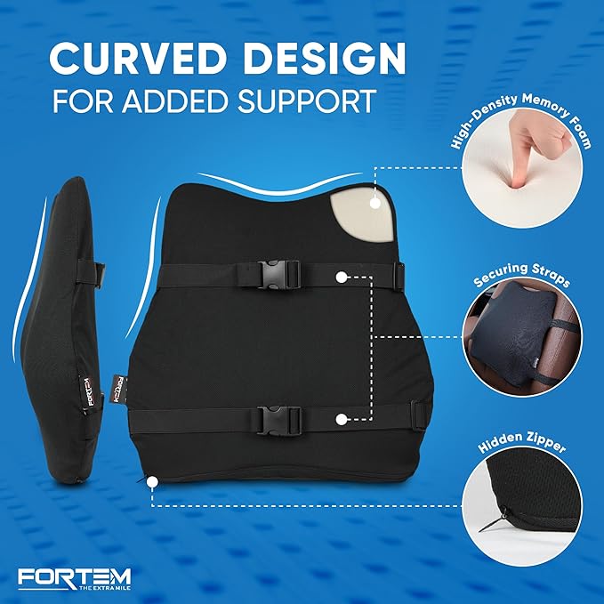 FORTEM Car Seat Cushion and Back Support Pillow, Memory Foam Car Wedge Cushion, Comfort Back Rest and Lumbar Support for Driving, Non Slip Seat Pad, Adjustable Straps, Washable Cover