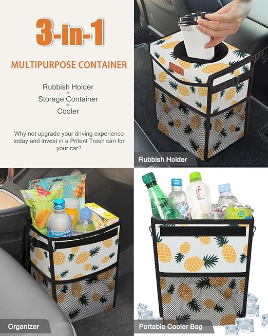 Pritent Car Trash Can with Lid, Cute Leakproof Car Trash Garbage Bag Hanging Vehicle Trash Bin Small Portable Automotive Garbage Cans Organizer for Back/Front Seat(Trapezoid,Pineapple Print