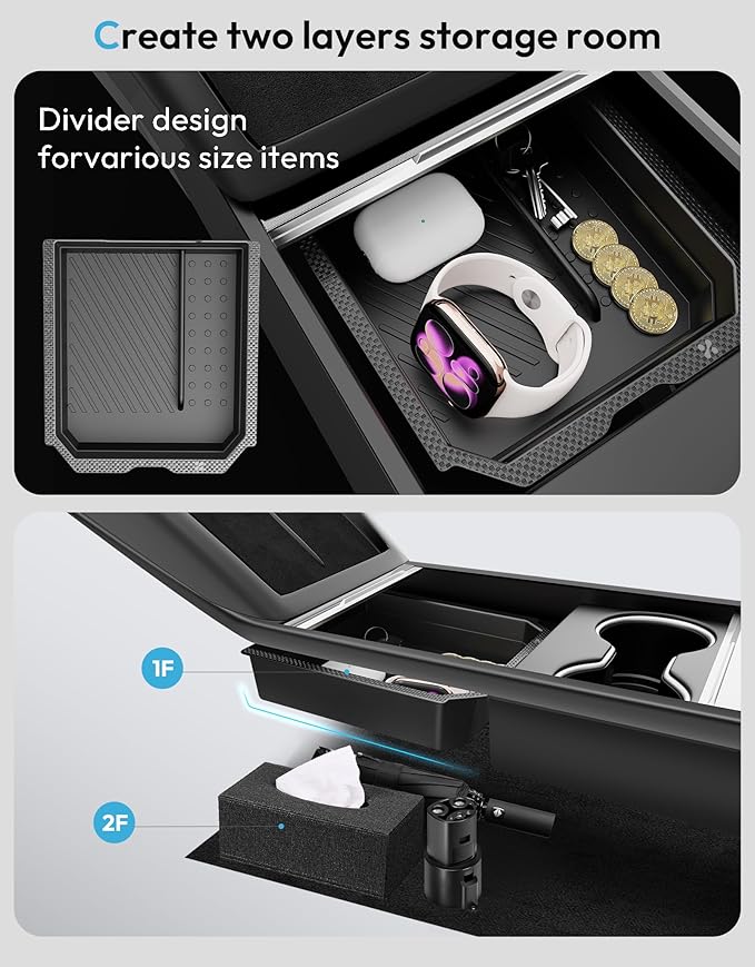 XINTUO Tesla Model Y Juniper 2025 2026 & Model 3 Highland 2024 2026 Center Console Organizer Tray [Slide Smoothly + Easy Installation] Cup Holder for Tesla Model Y Juniper Accessories