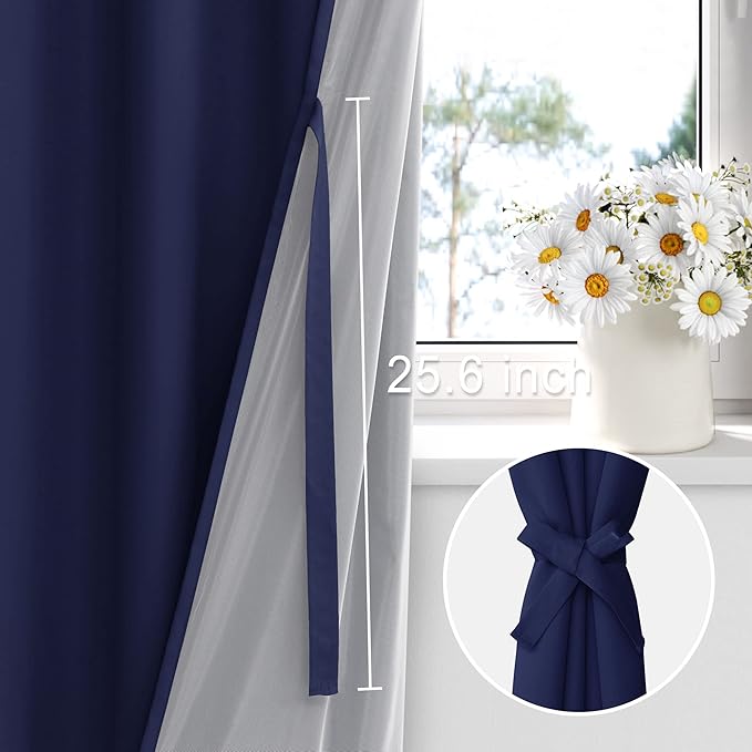 XWZO 100% Blackout Curtains 84 Inches Long with Tiebacks- Noise Blocking & Energy Efficiency Window Draperies Grommet Top with Black Liner for Bedroom/Living Room, Navy Blue, W60 x L84, Set of 2