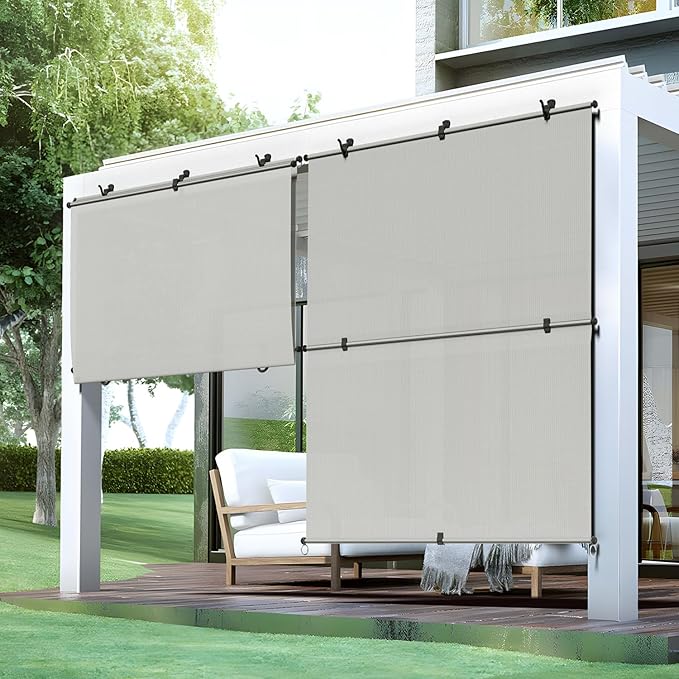 Bynbbur 8'W x 10'H Outdoor Patio Shades Foldable Roller Blinds, 220 GSM Sun Shade Roll Up Porch Screens Exterior Shade Cloth for Deck Pergola Backyard, Light Gray